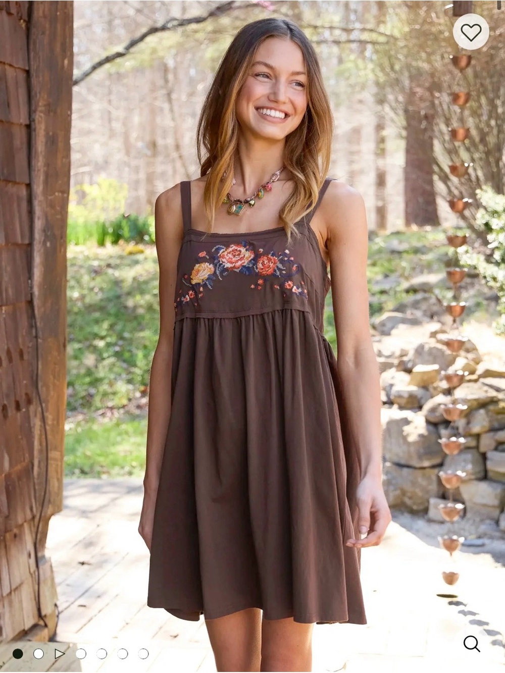 Natural Life Patti Embroidered Mini Dress Brown Floral Boho Cottagecore NWT S
